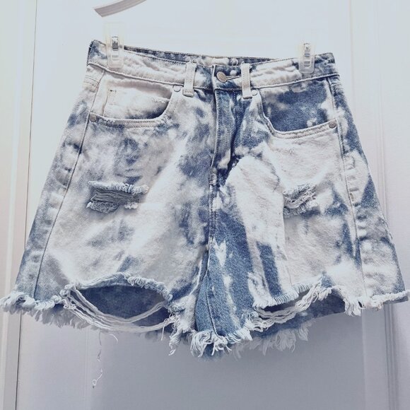 Organic Blue-Tie Dye-Distressed Jean/Denim Shorts-100% Cotton-Size 5/27-Bl/White - Picture 2 of 11